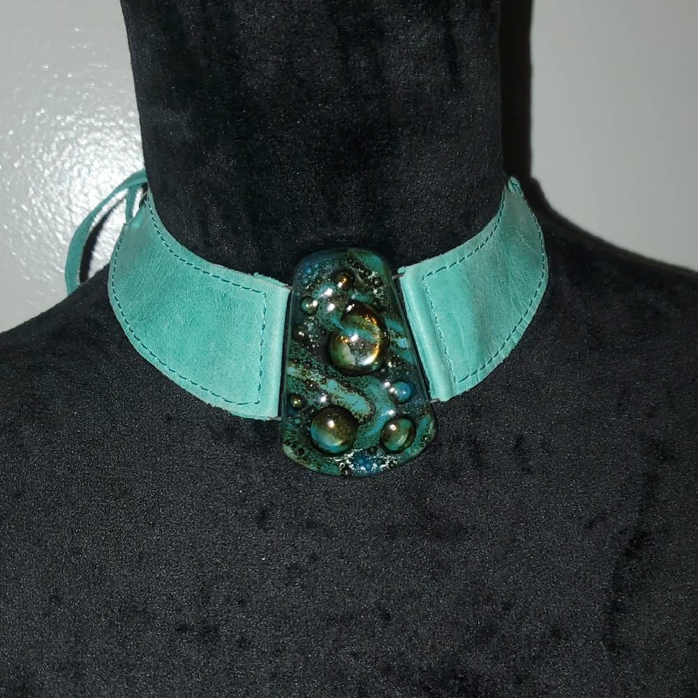 Leather Turquoise Choker Necklace with Italian Murano Glass Handmade